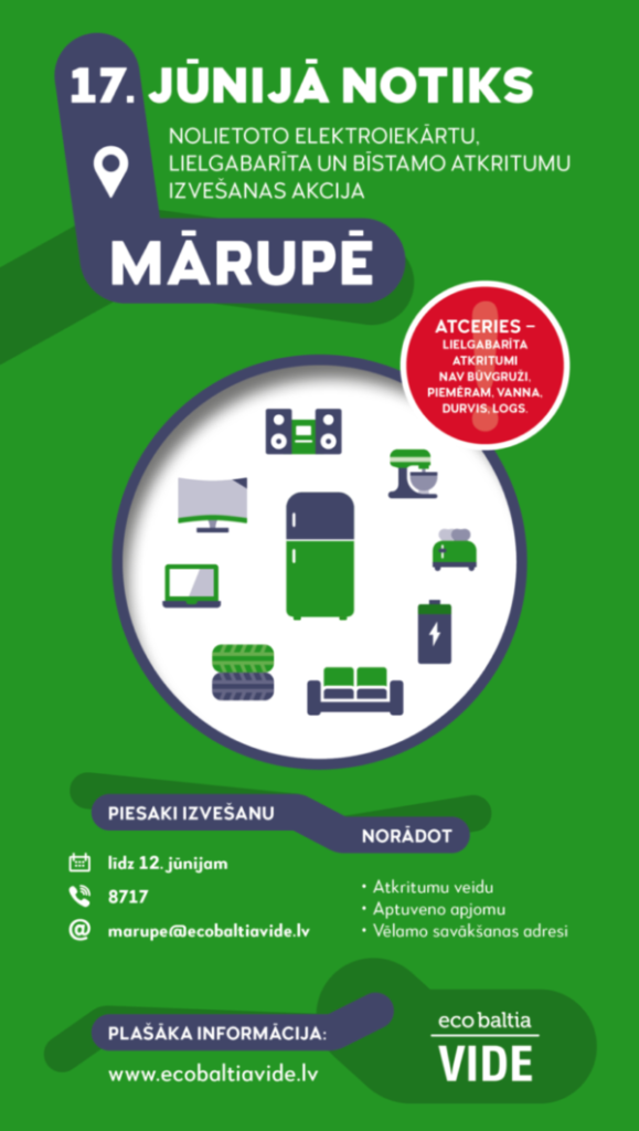 SIA “Eco Baltia vide” aicina nodot nolietotās elektroiekārtas un citus lielgabarīta atkritumus